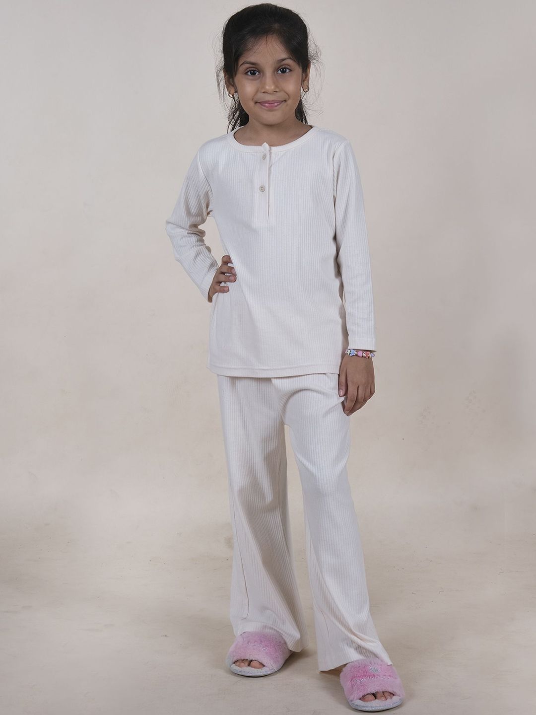 KiddoPanti Girls Ribbed Night suit AW24GNS093-Cream