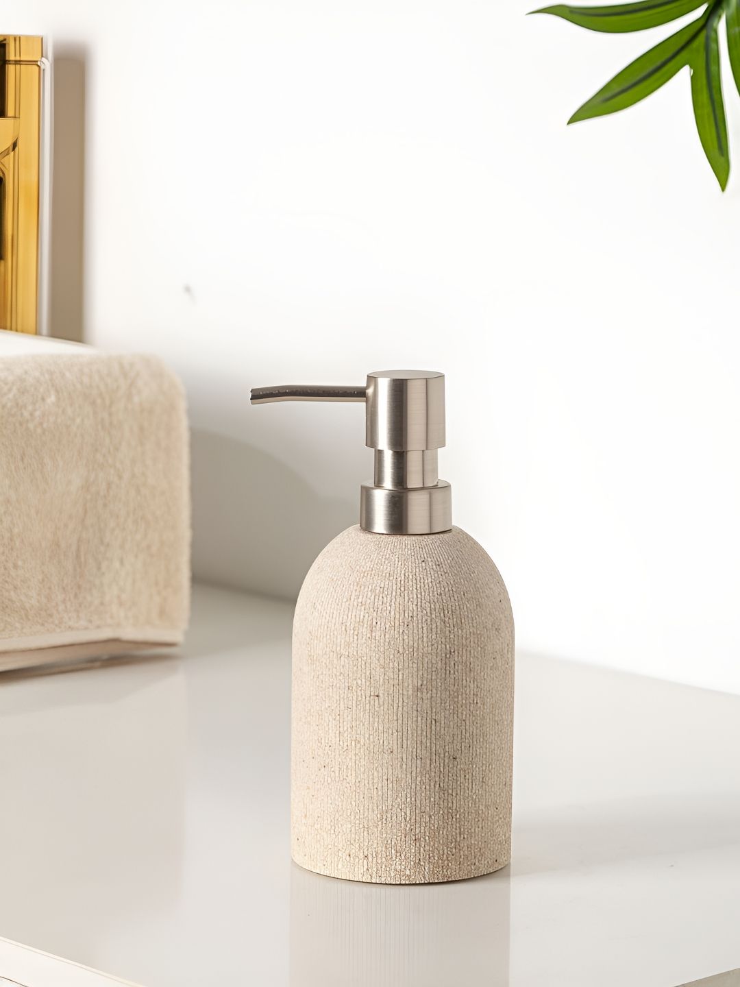 Pano Beige & Silver Toned Textured Ceramic Soap Dispenser 470ml