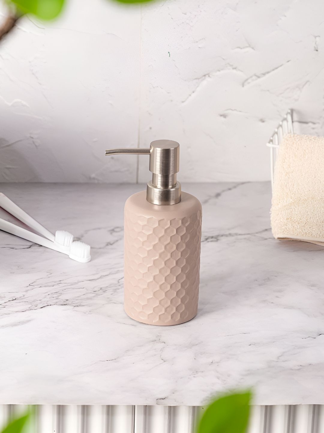 Pano Pink & Silver Toned Textured Ceramic Soap Dispenser 365ml