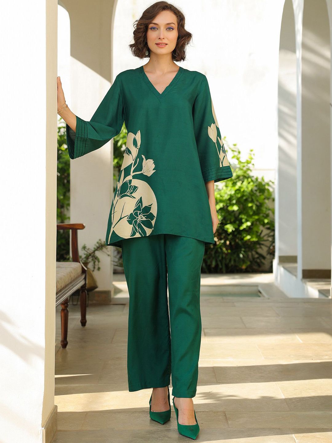 Pure Silk Tunic With Trousers JISORA Floral Printed Pure Silk Tunic With Trousers