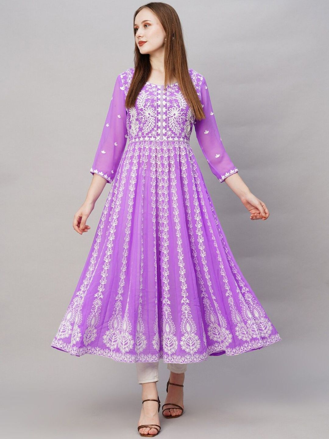 Embroidered Anarkali Kurta GoSriKi Floral Embroidered Chikankari Round Neck Anarkali Kurta