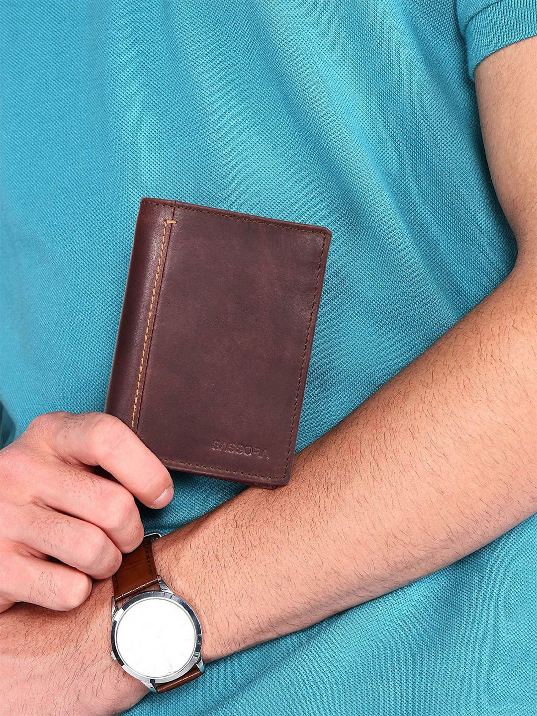 Sassora Men Embellished Leather Two Fold Wallet