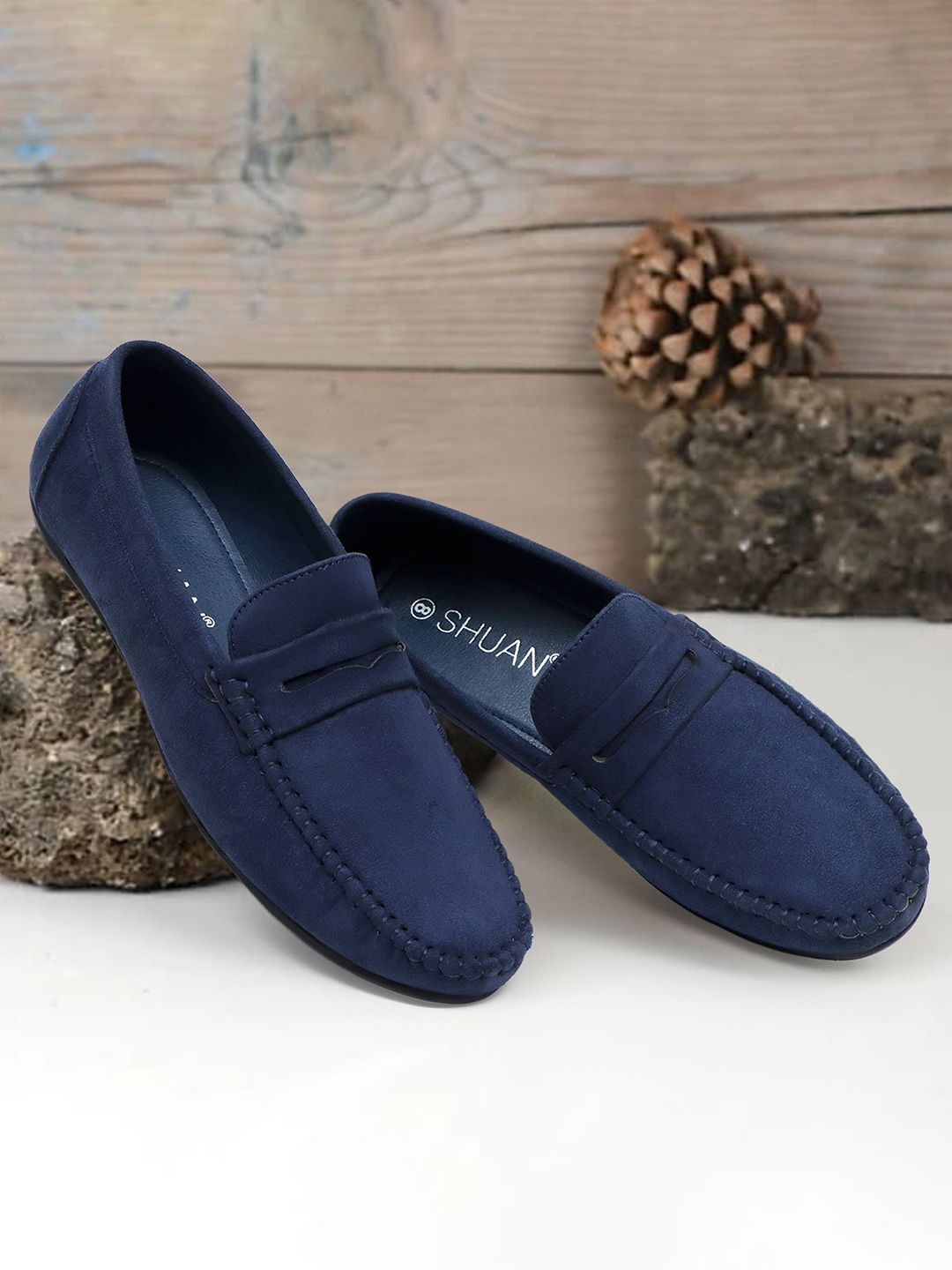 SHUAN Men Solid Suede Loafers Slip-On Casual Shoes