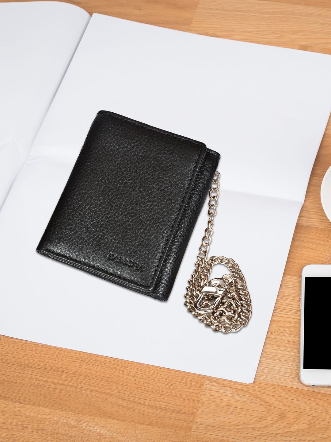 Buy Sassora Men Leather Chain Attached RFID Three Fold Wallet
