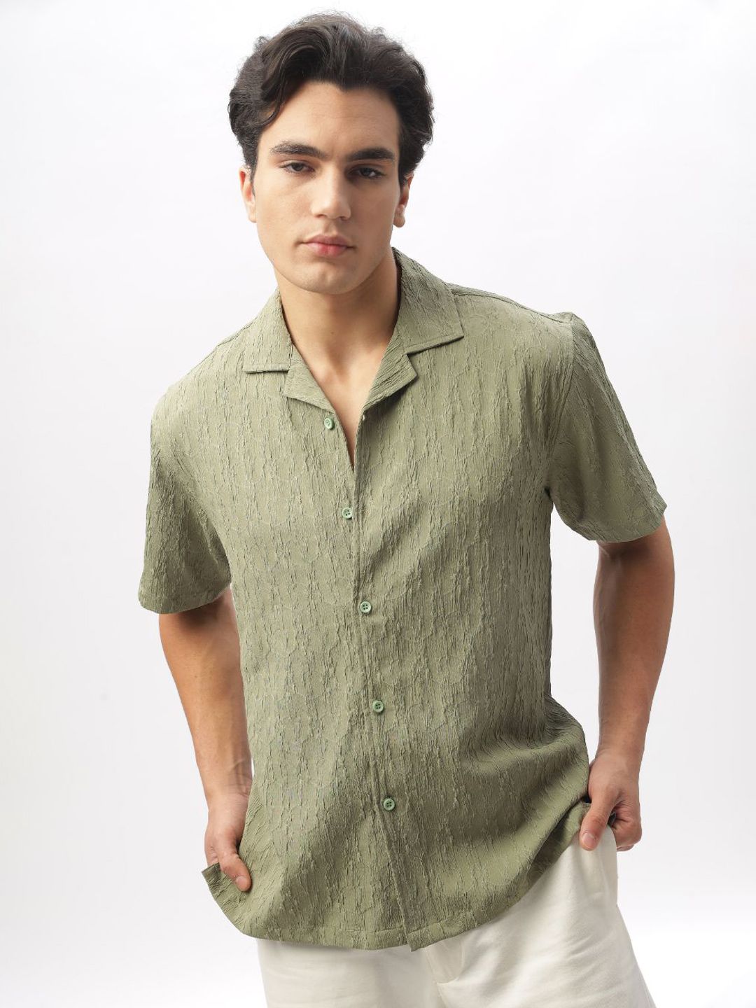 Buy HAMPTONS Men Cotton Crochet Self Design Fabric Vacation Shirt