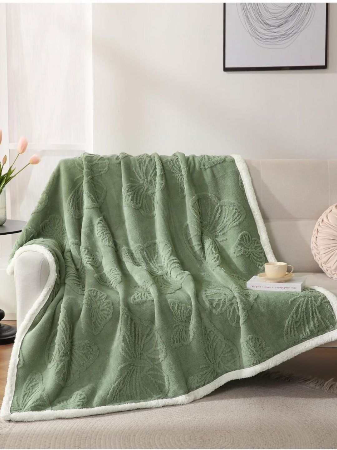 Butterthief Kids Green Butterfly Self Design Sherpa Heavy Winter 210GSM Single Bed Blanket