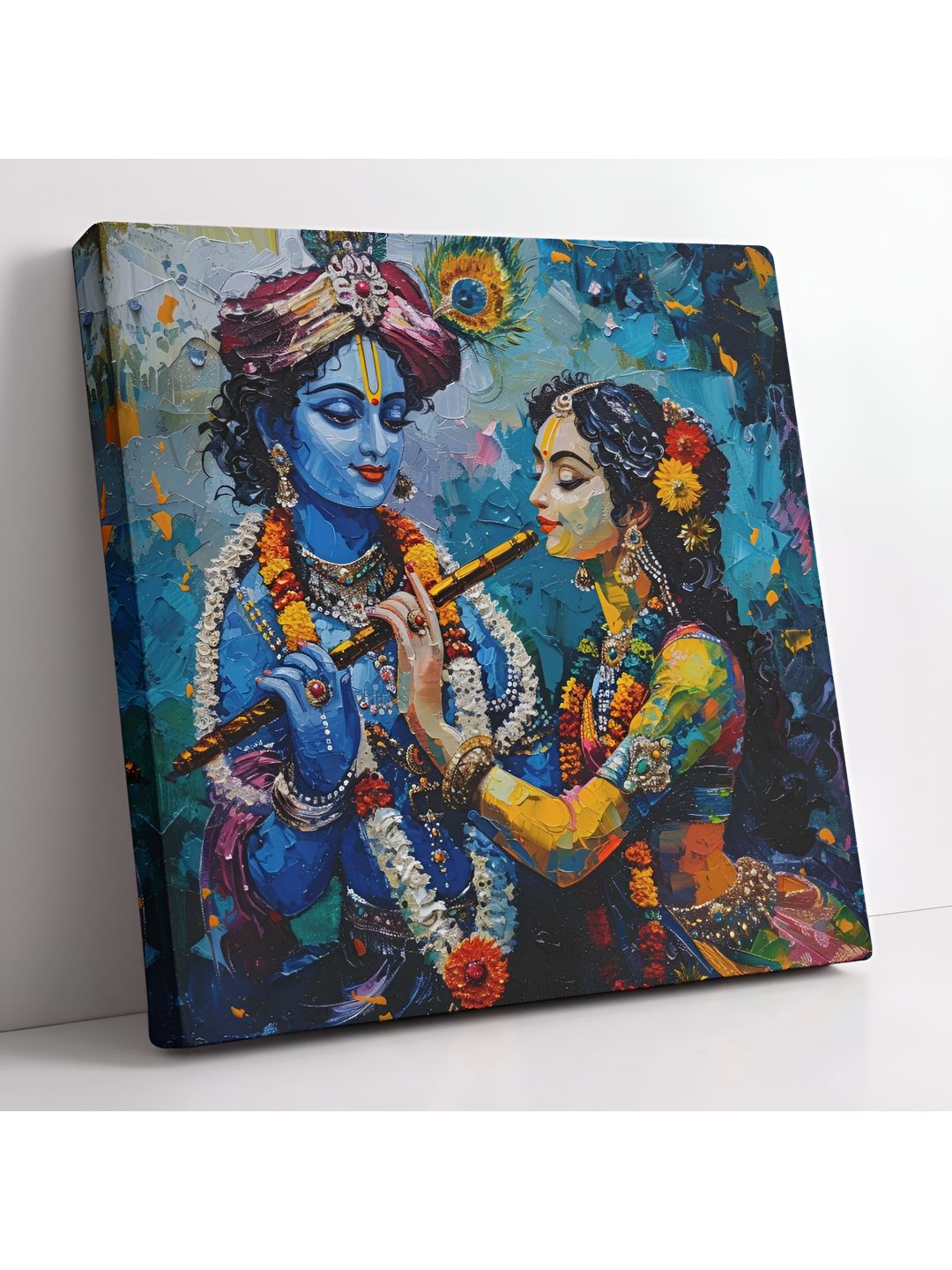 SAF Blue & Yellow Wooden Canvas Radhe Krishna Religious Wall Art
