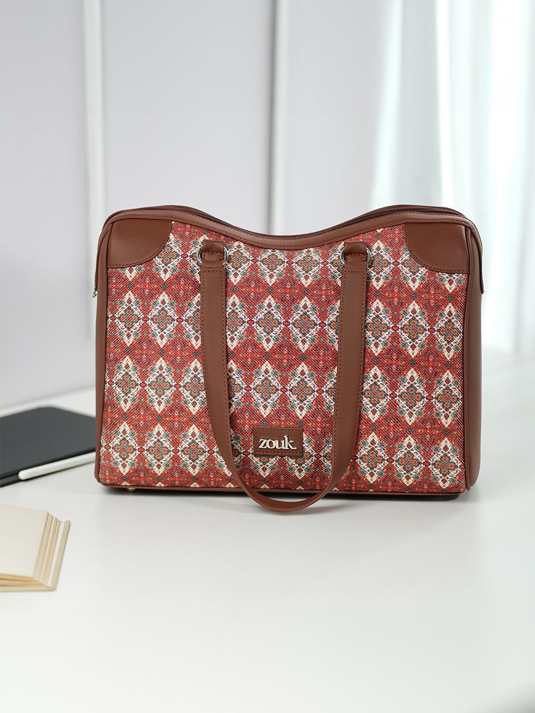 Buy ZOUK Women Printed Jute Two Handles Structured Zip Closure