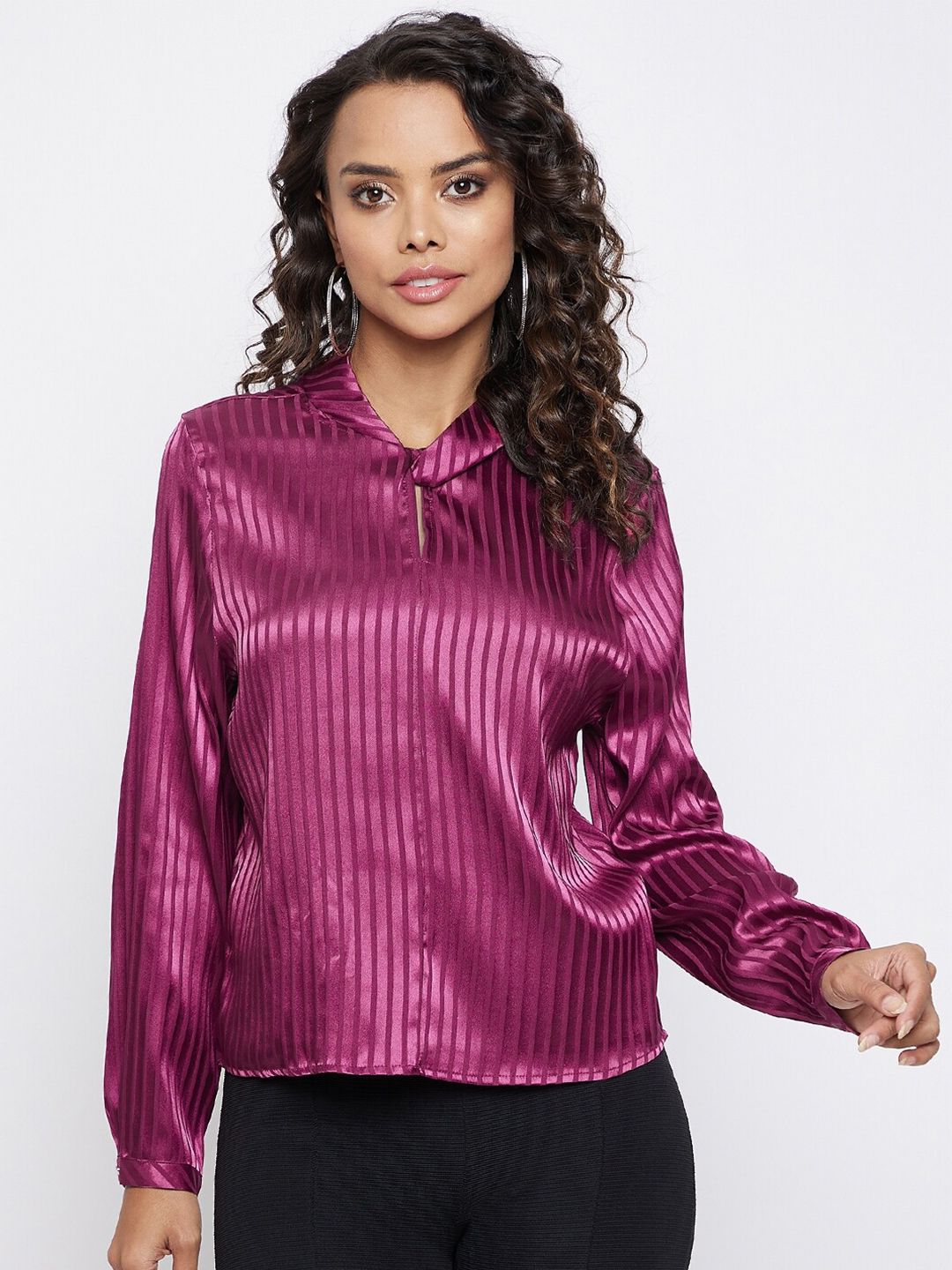 Madame Maroon Striped Tie-Up Neck Shirt Style Top Price in India