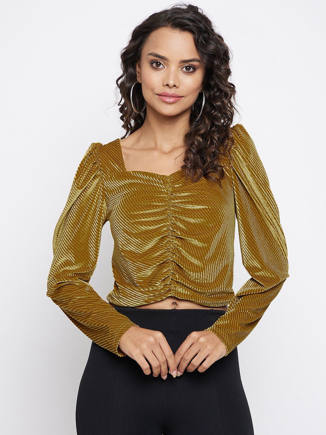 Madame Mustard Yellow Sweetheart Neck Crop Top Price in India