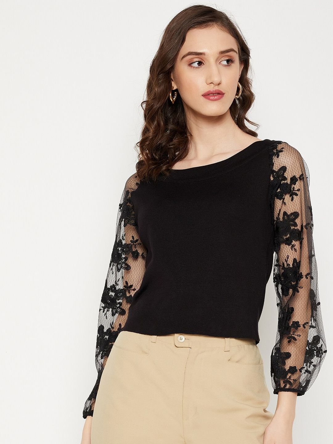 Madame Black Solid Lace Up Puff Sleeves Top Price in India