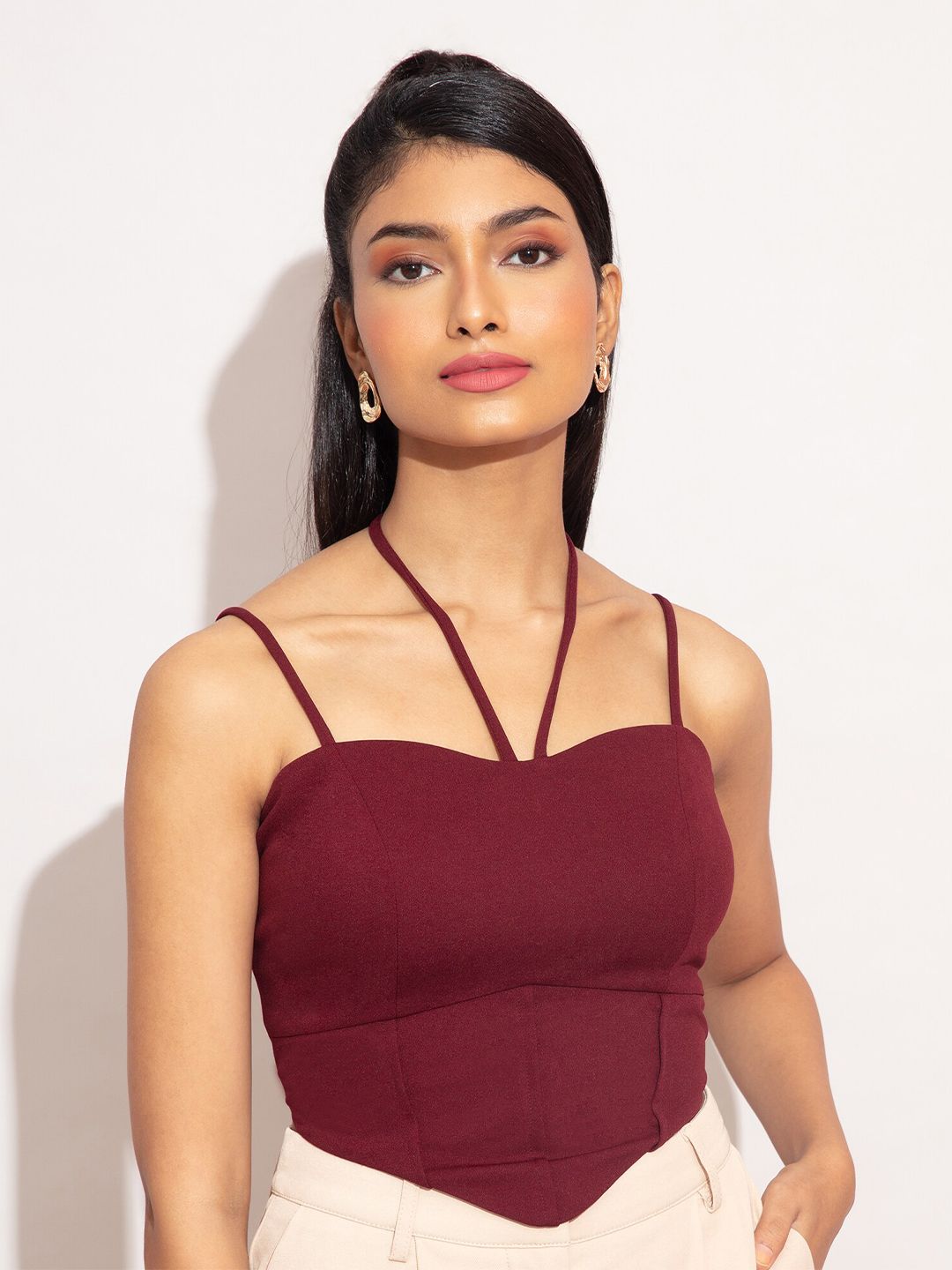 20Dresses Women Maroon Sweetheart Neck Fitted Corset Crop Top Price in India
