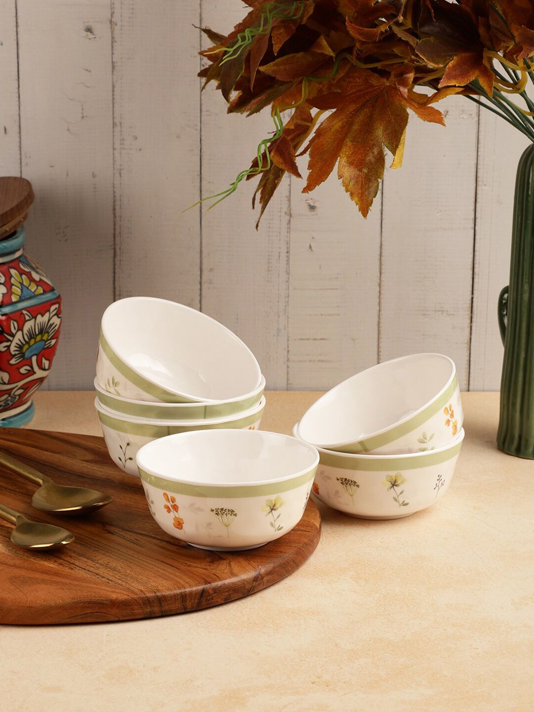 Servewell White & Green 12 Pieces Floral Printed Melamine Glossy Bowls Price in India