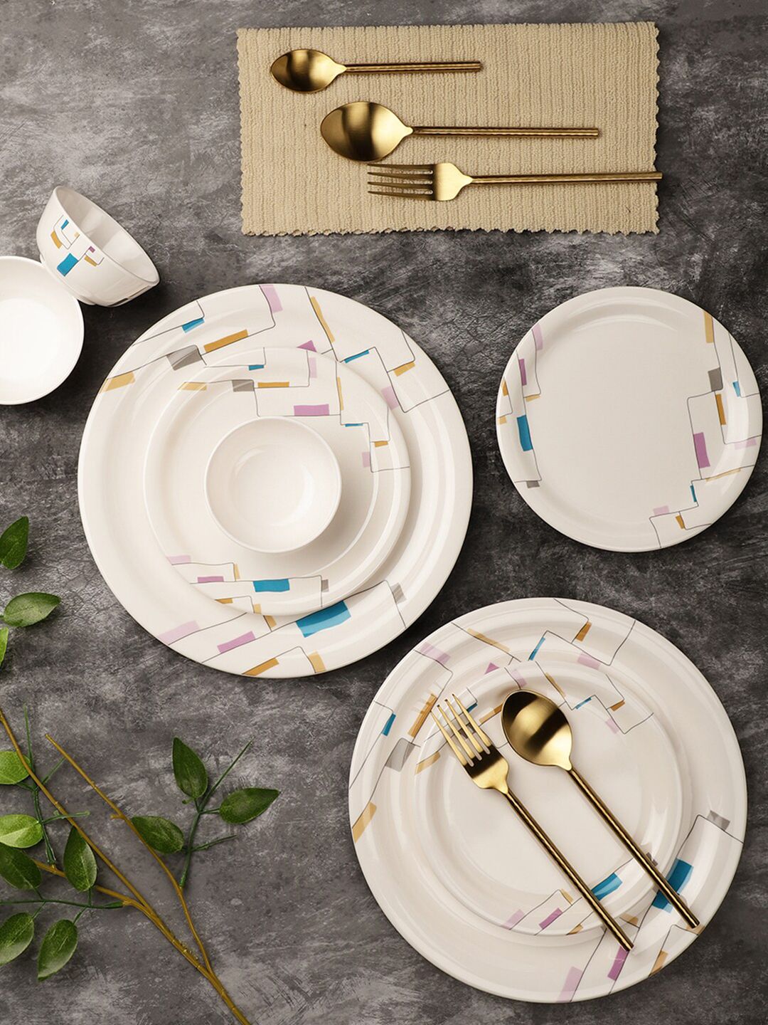 Servewell White & Blue Pieces Geometric Printed Melamine Glossy Dinner Set Price in India