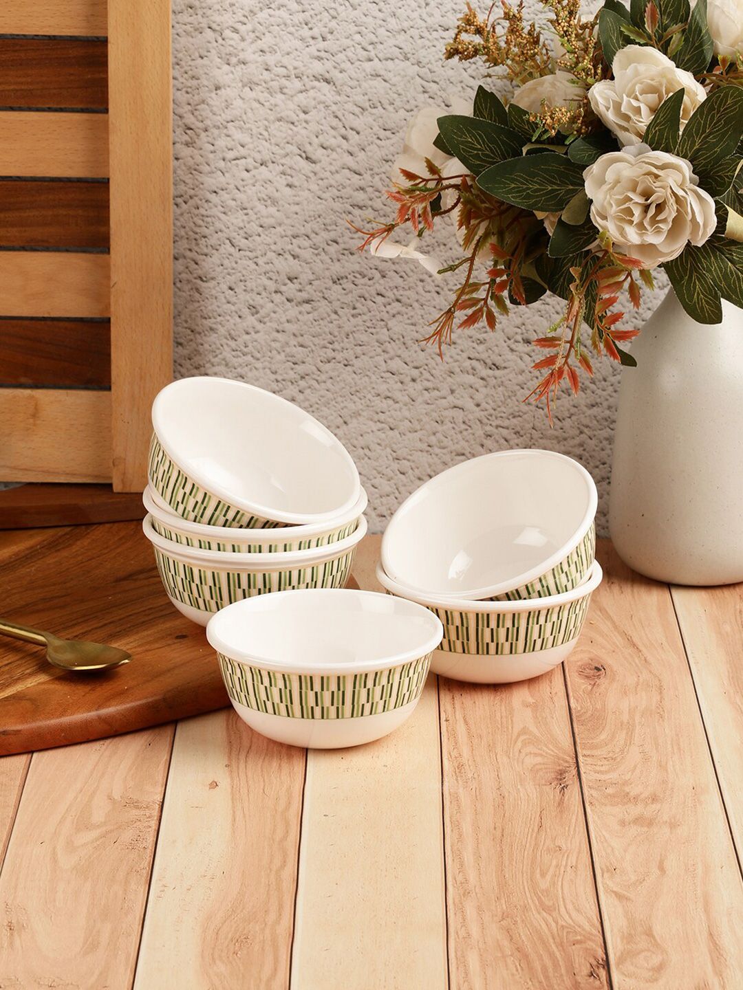 Servewell White & Green 12 Pieces Geometric Printed Melamine Glossy Bowls Price in India