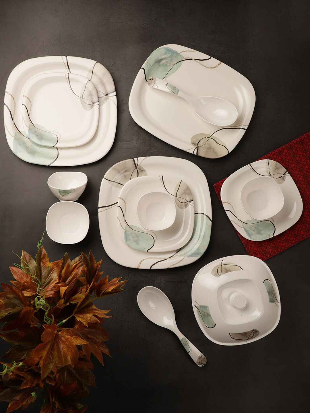 Servewell White & Green Pieces Geometric Printed Melamine Glossy Dinner Set Price in India