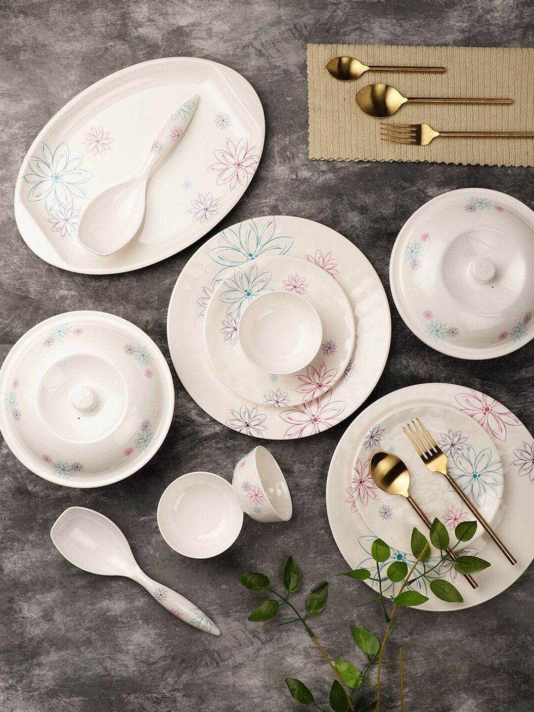 Servewell White & Blue Pieces Floral Printed Melamine Glossy Dinner Set Price in India