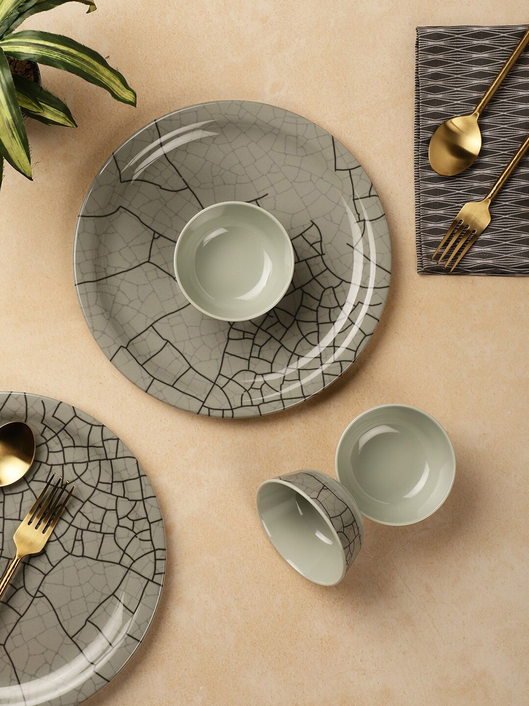 Servewell Grey & 12 Pieces Geometric Printed Melamine Glossy Dinner Set Price in India