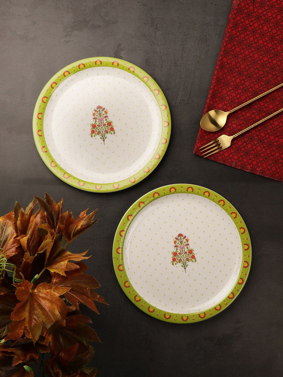 Servewell White & Green 6 Pieces Floral Printed Melamine Glossy Plates Price in India