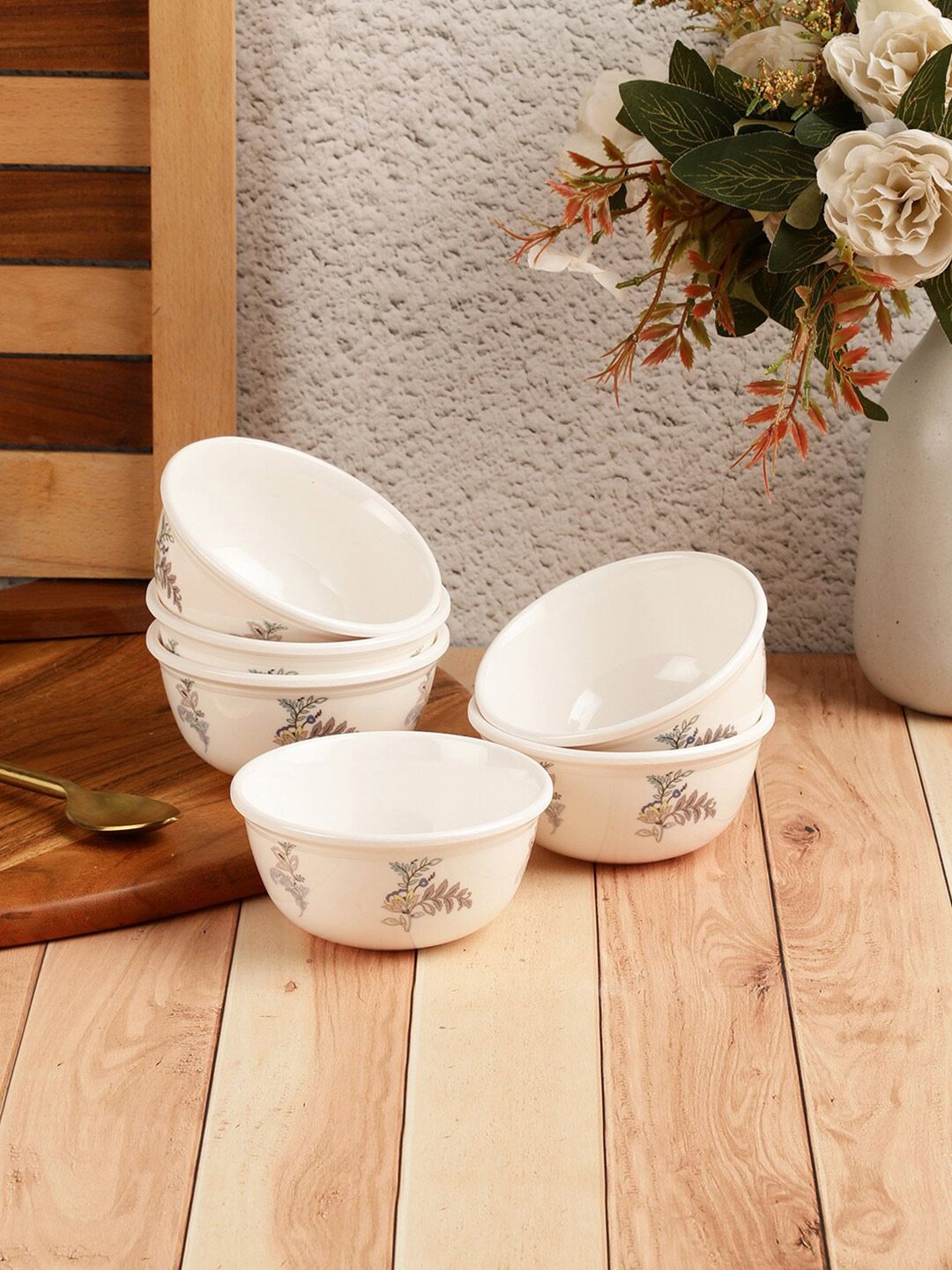 Servewell White & Grey 12 Pieces Floral Printed Melamine Glossy Bowls Price in India