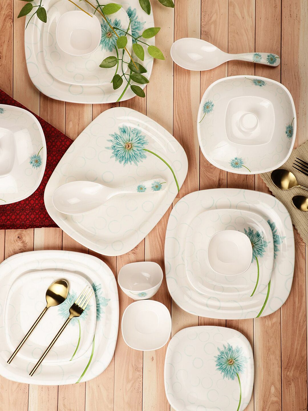 Servewell White & Blue Pieces Floral Printed Melamine Glossy Dinner Set Price in India