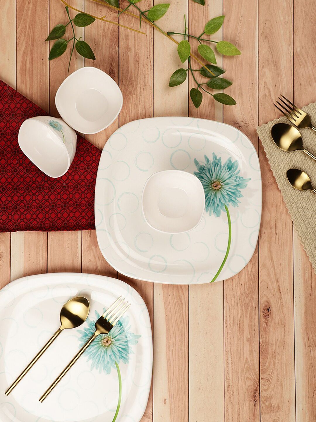 Servewell White & Blue 12 Pieces Floral Printed Melamine Glossy Dinner Set Price in India