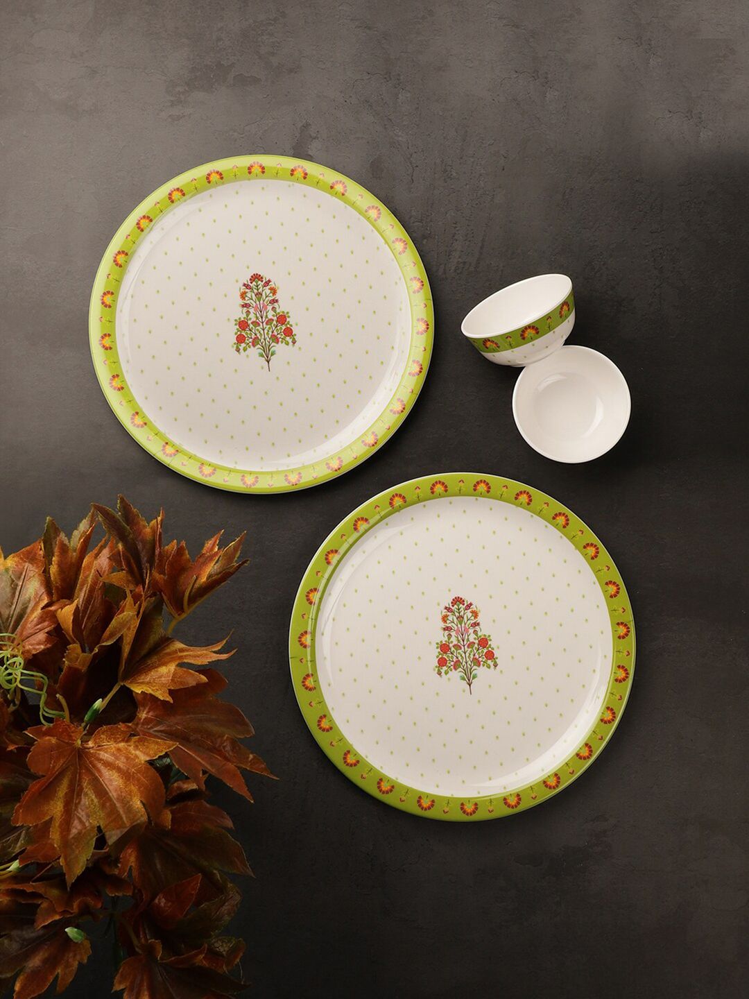 Servewell White & Green 12 Pieces Floral Printed Melamine Glossy Dinner Set Price in India