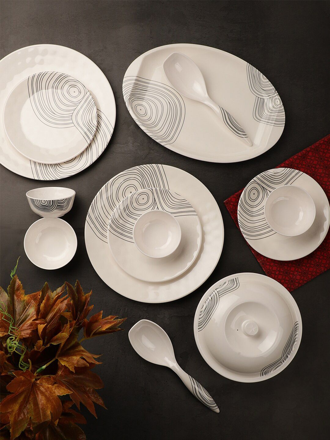 Servewell White & Black Pieces Geometric Printed Melamine Glossy Dinner Set Price in India