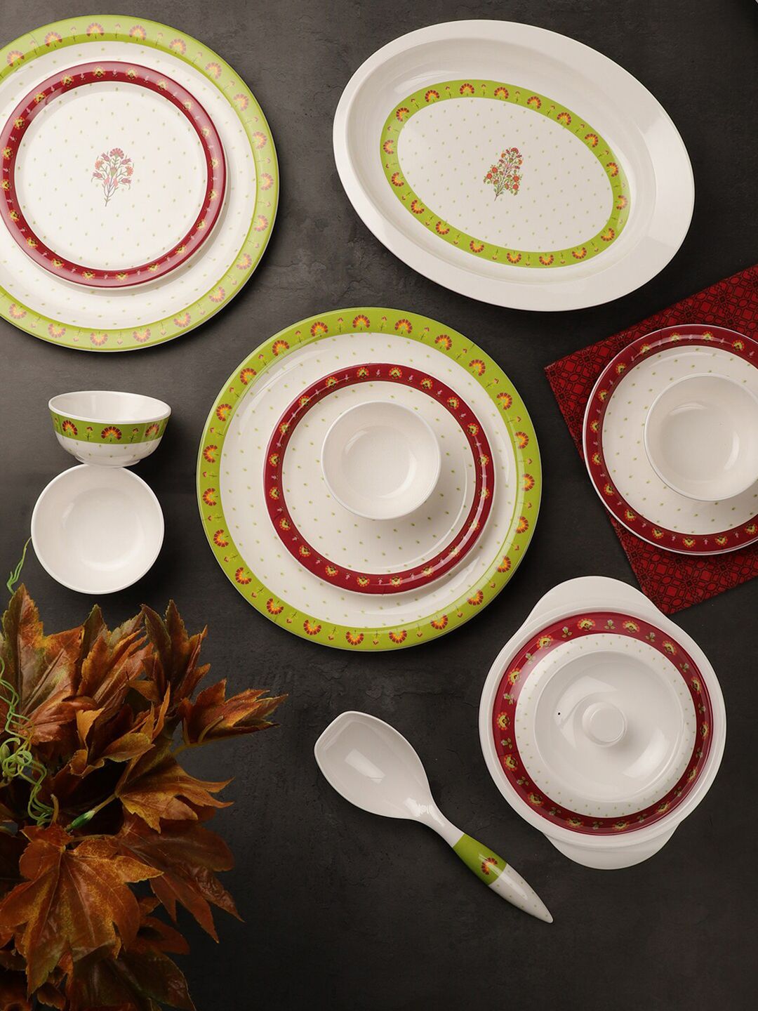 Servewell White & Green Pieces Floral Printed Melamine Glossy Dinner Set Price in India