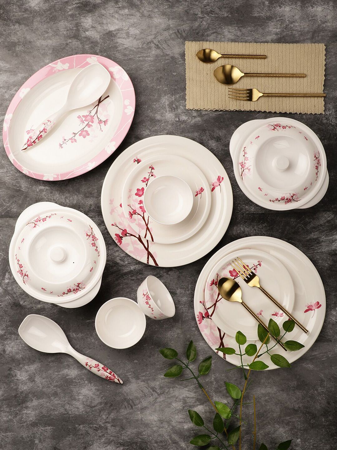 Servewell White & Pink Pieces Floral Printed Melamine Glossy Dinner Set Price in India