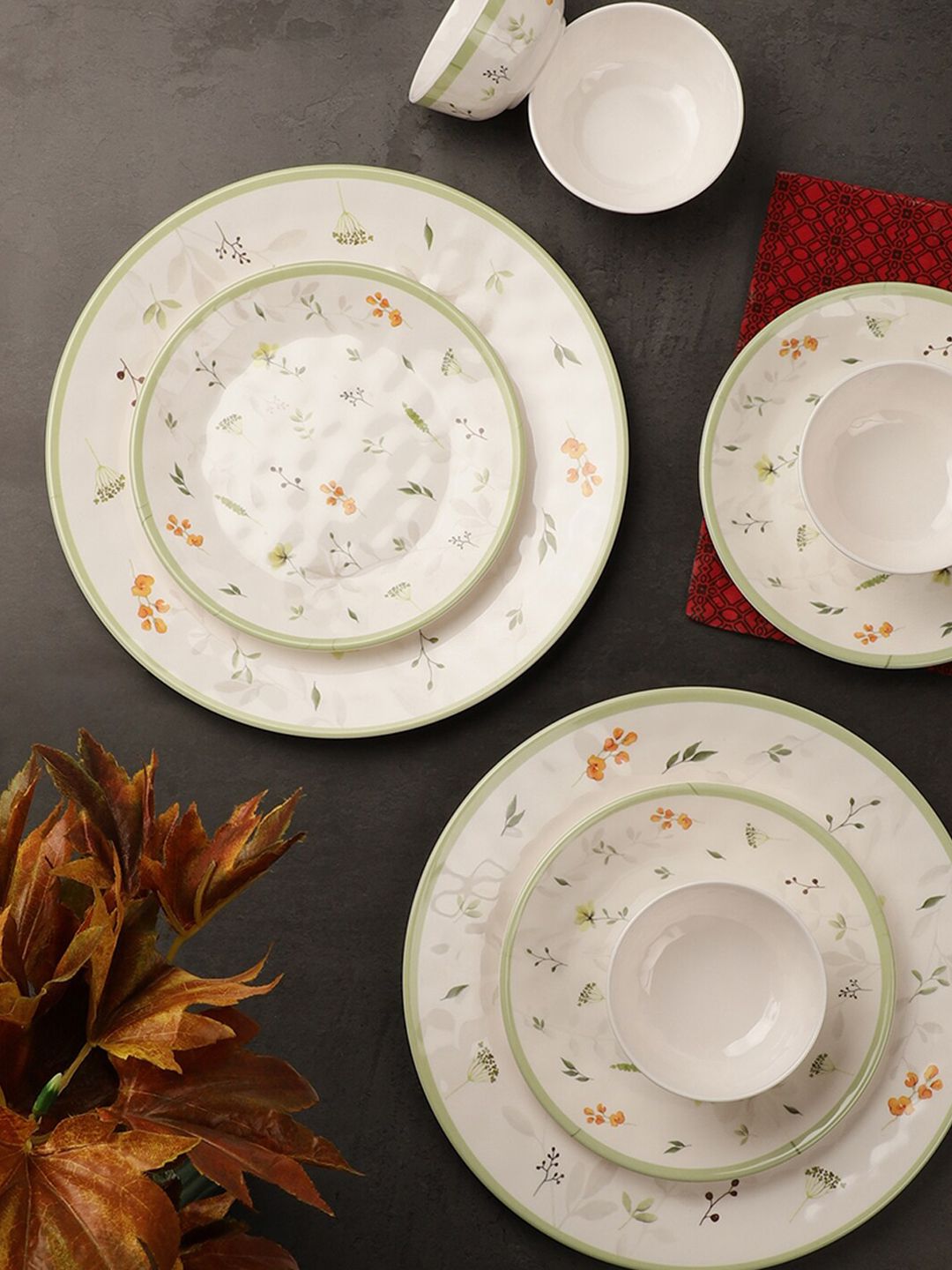 Servewell White & Green Pieces Floral Printed Melamine Glossy Dinner Set Price in India