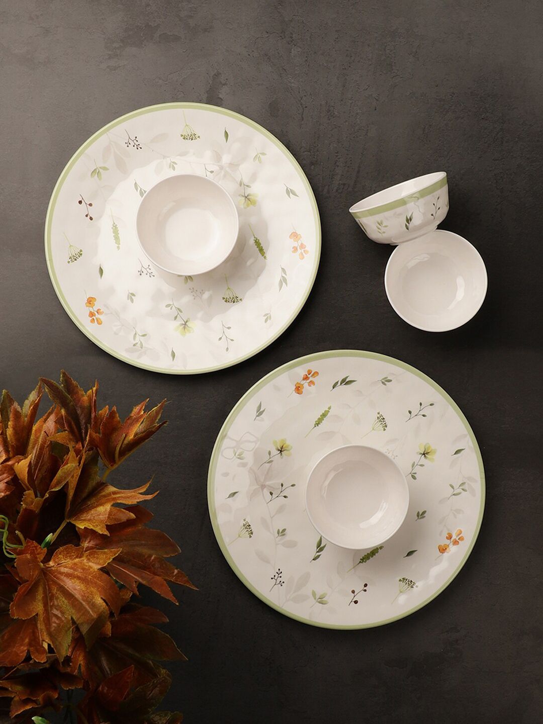 Servewell White & Green 12 Pieces Floral Printed Melamine Glossy Bowls Price in India