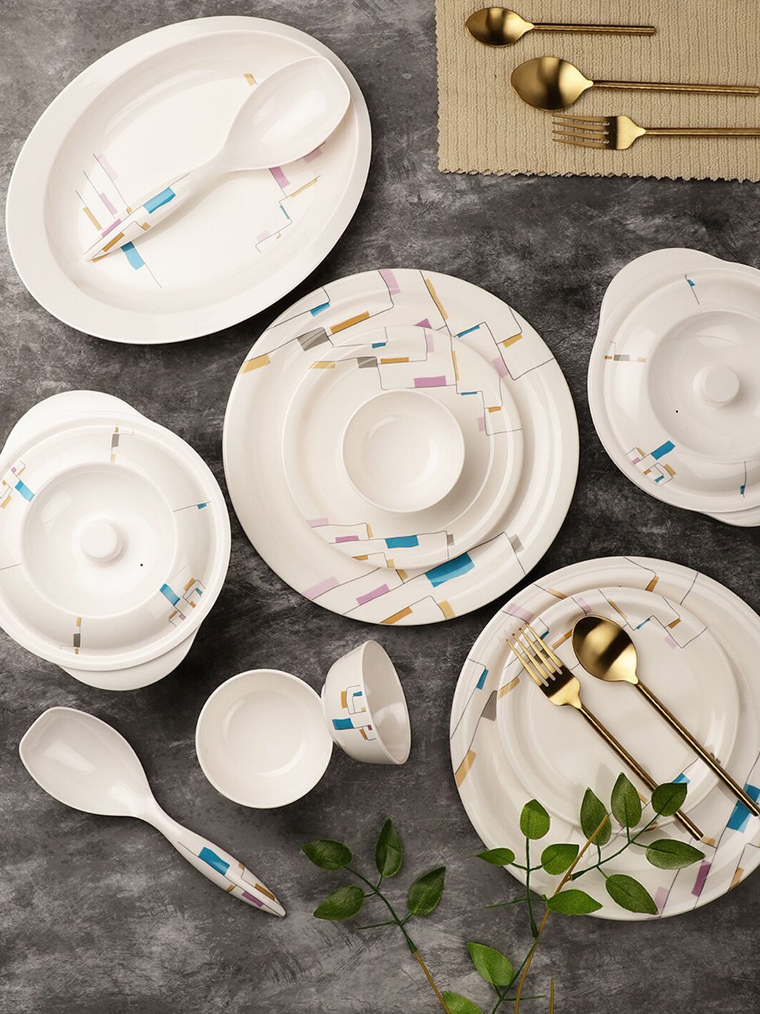 Servewell White & Yellow Pieces Geometric Printed Melamine Glossy Dinner Set Price in India