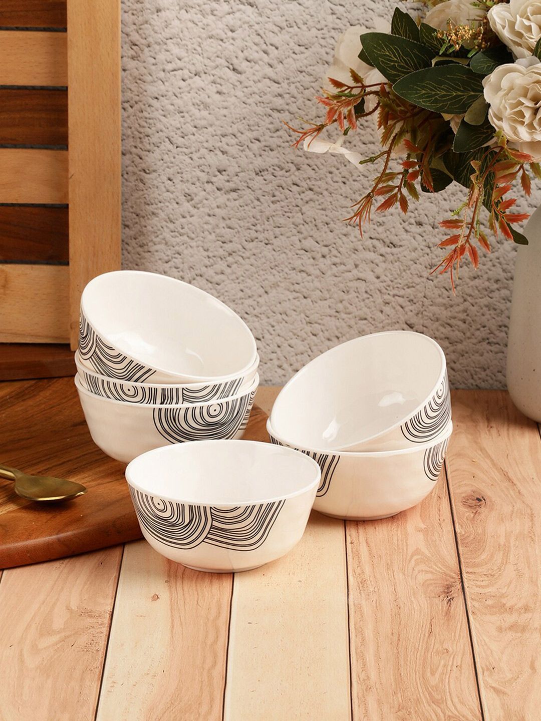 Servewell White & Black 12 Pieces Geometric Printed Melamine Glossy Bowls Price in India