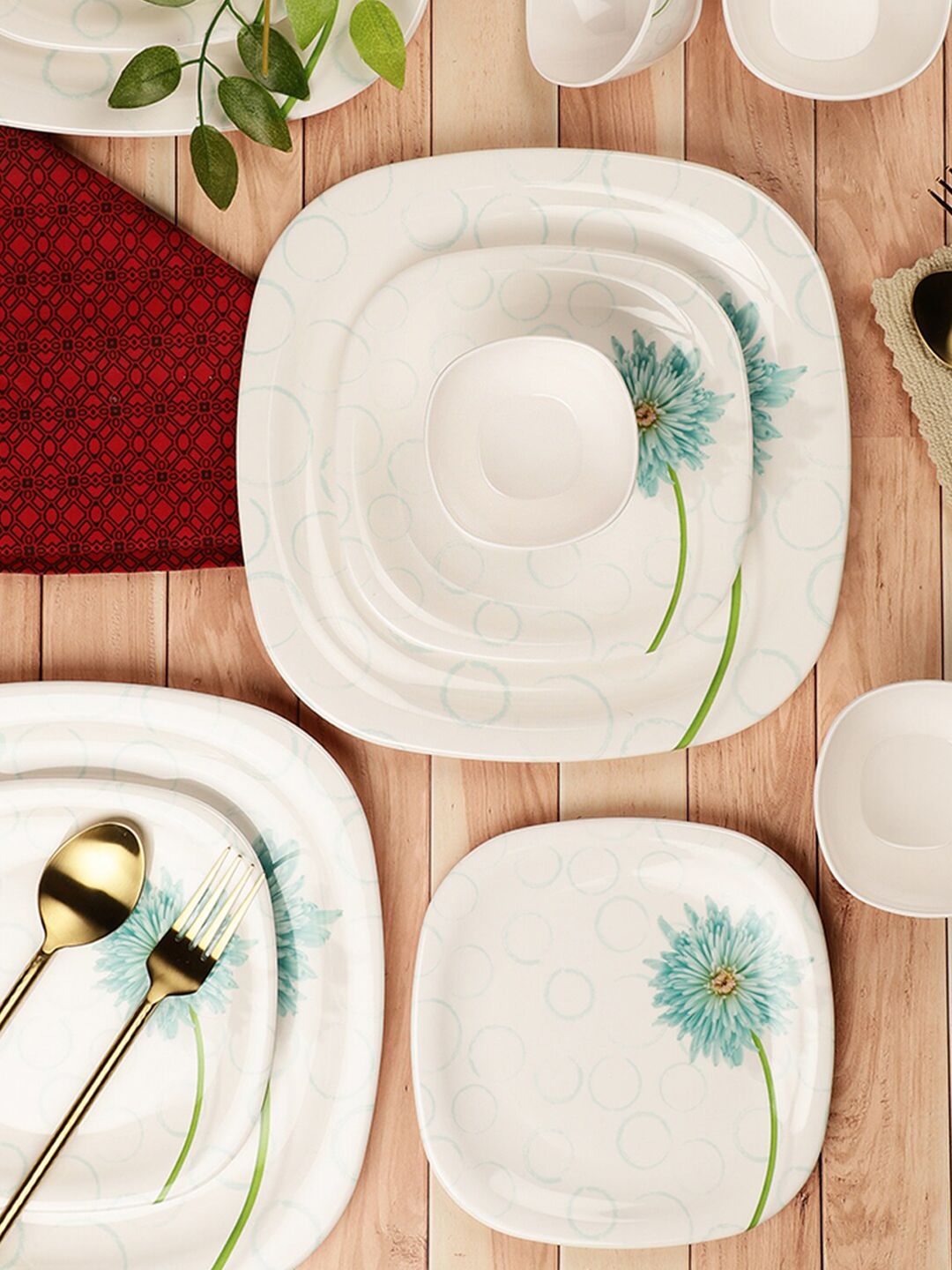 Servewell White & Green Pieces Floral Printed Melamine Glossy Dinner Set Price in India