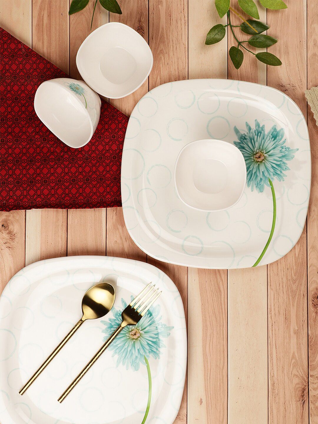 Servewell White & Blue Pieces Floral Printed Melamine Glossy Dinner Set Price in India