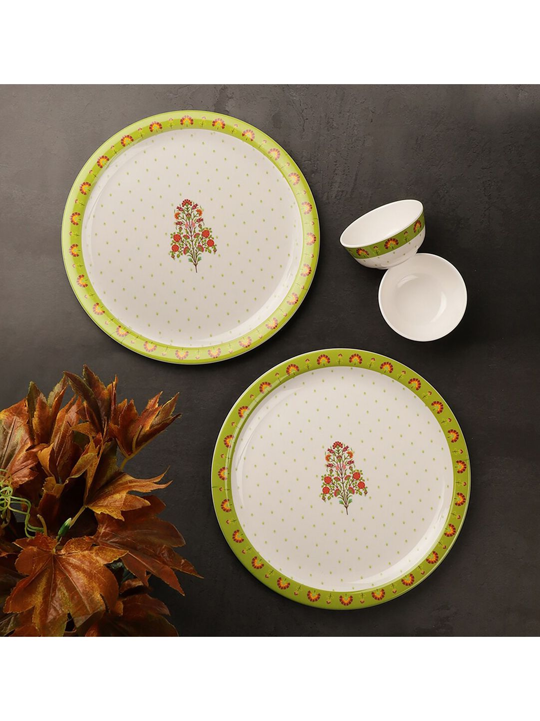 Servewell White & Green Pieces Floral Printed Melamine Glossy Dinner Set Price in India