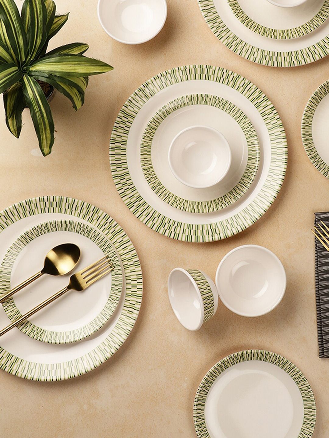 Servewell White & Green Pieces Geometric Printed Melamine Glossy Dinner Set Price in India