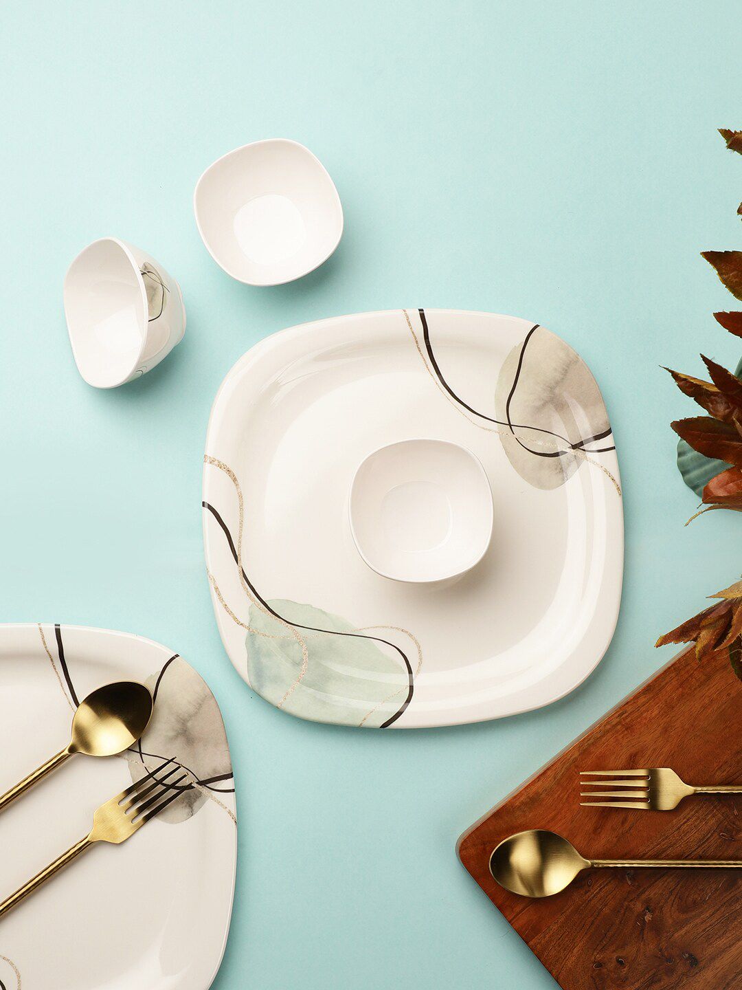 Servewell White & Green 12 Pieces Geometric Printed Melamine Glossy Dinner Set Price in India