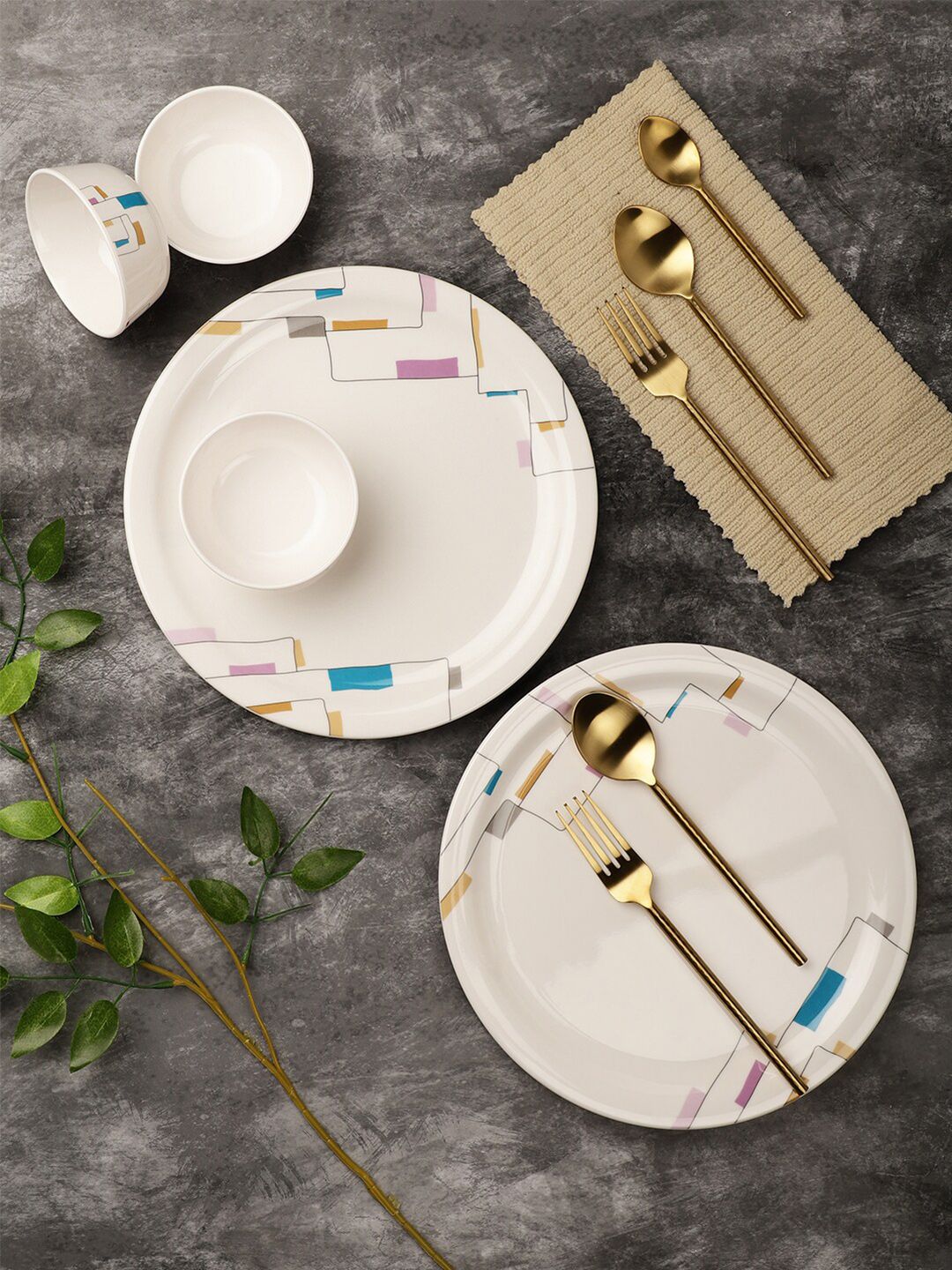 Servewell White & Blue 12 Pieces Geometric Printed Melamine Glossy Dinner Set Price in India