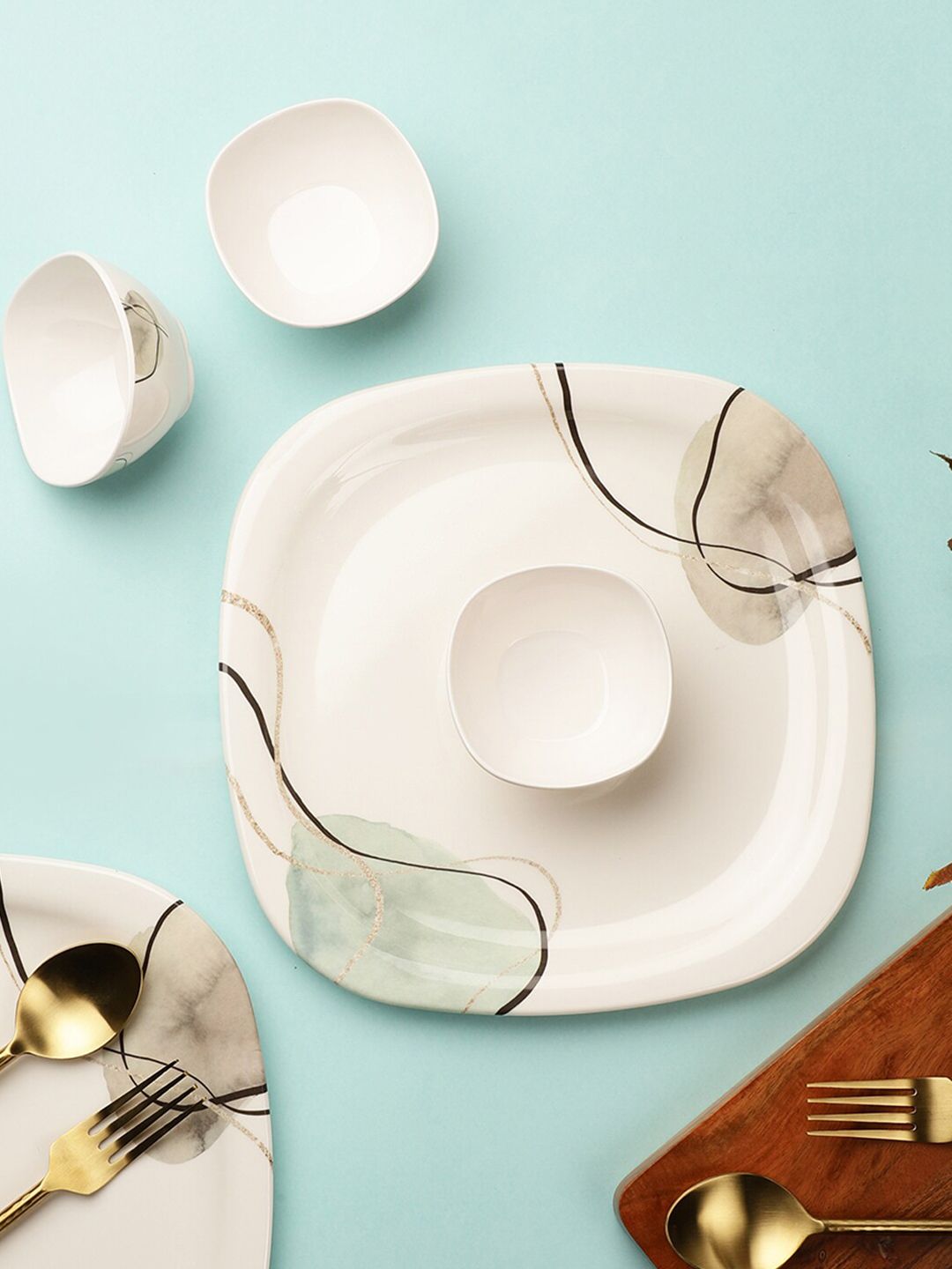 Servewell White & Green Pieces Geometric Printed Melamine Glossy Dinner Set Price in India