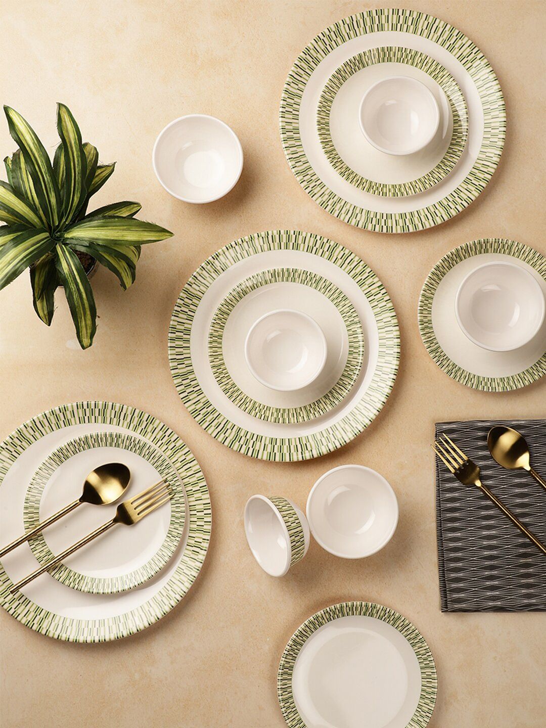 Servewell White & Green Pieces Geometric Printed Melamine Glossy Dinner Set Price in India