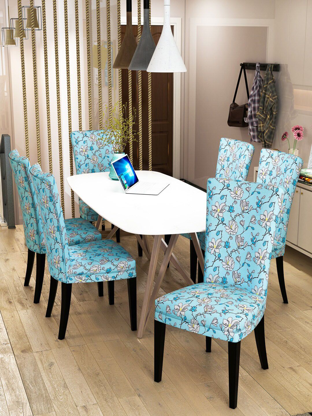 Nendle Set Of 6 Turquoise Blue Printed Chair Cover Price in India