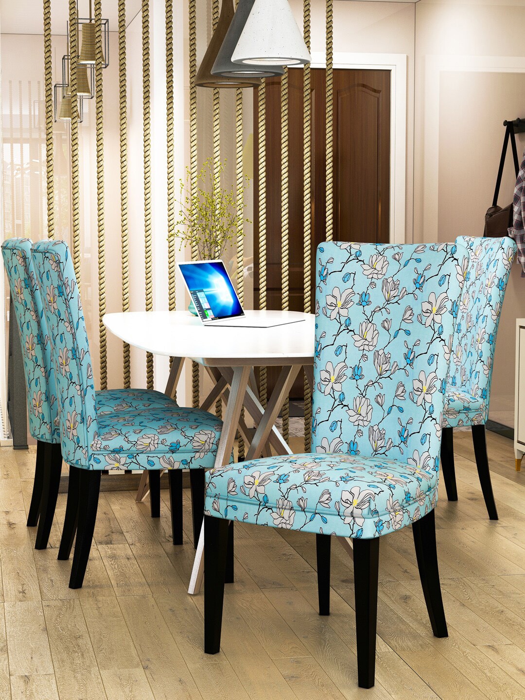Nendle Set of 4 Turquoise Blue Printed Stretchable Chair Cover Price in India
