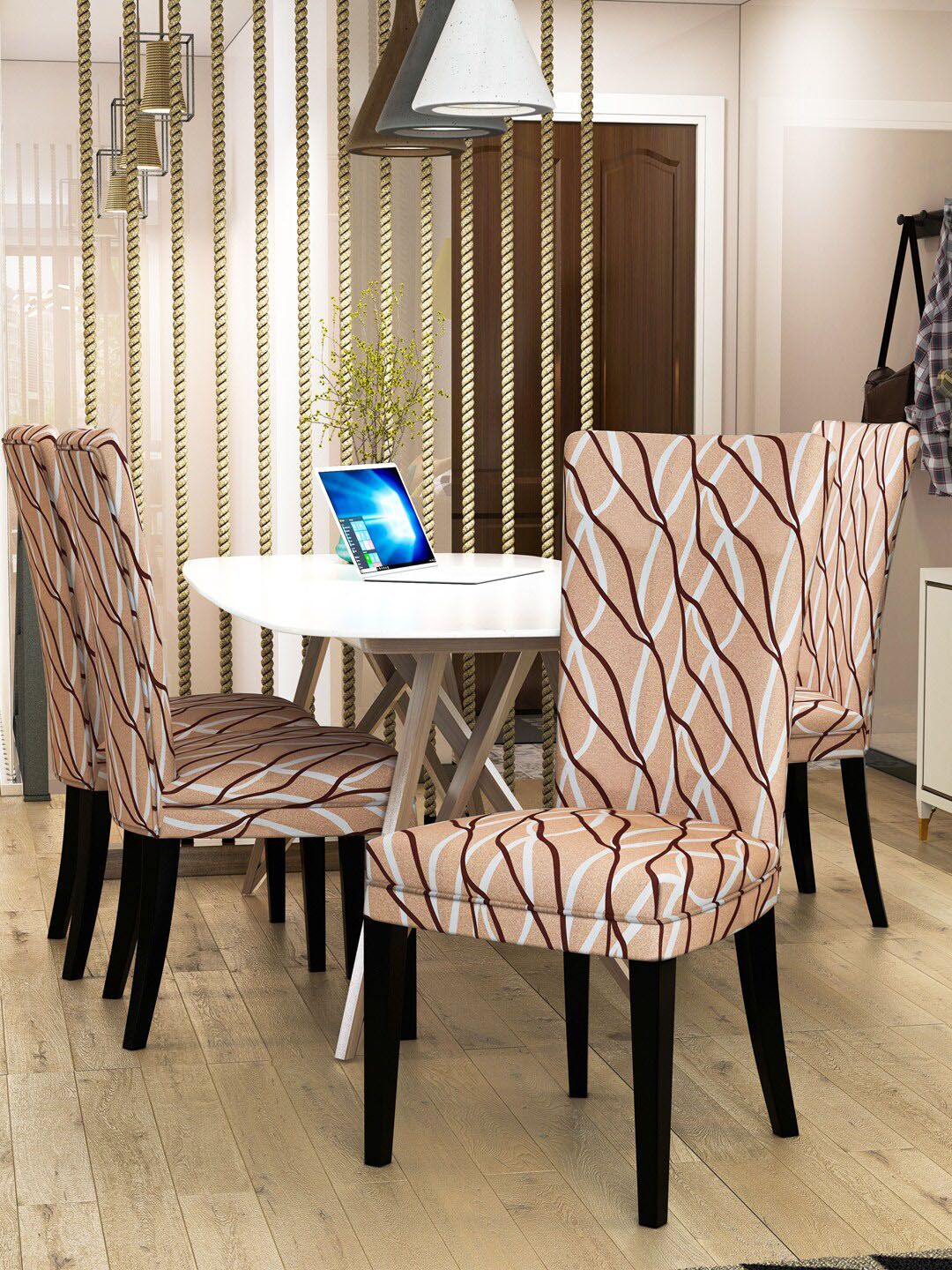 Nendle Set of 4 Camel Brown Printed Stretchable Dining Table Chair Covers Price in India