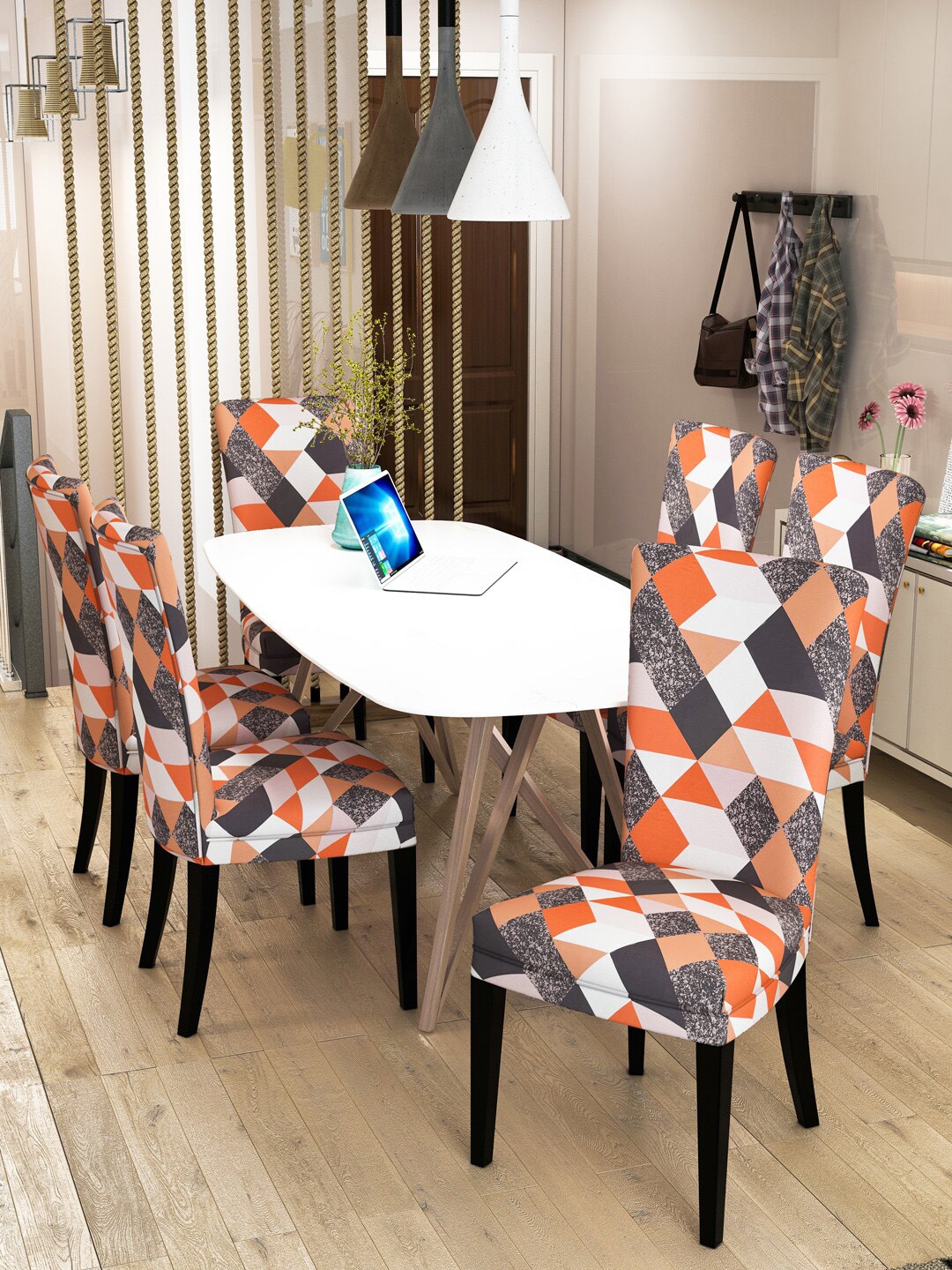 Nendle Set of 6 Orange & Black Printed Stretchable Dining Table Chair Covers Price in India