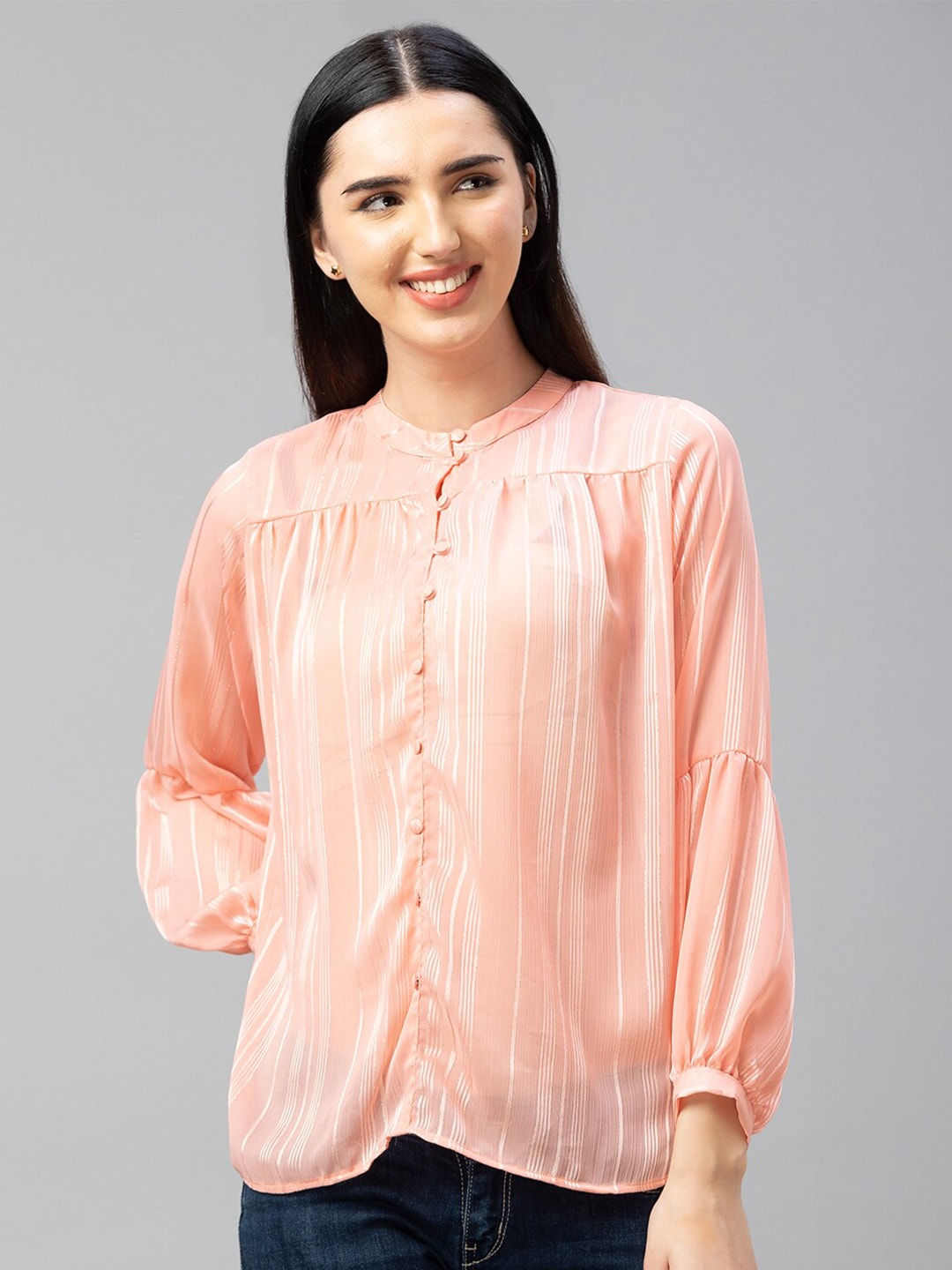 Globus Peach-Coloured Mandarin Collar Georgette Shirt Style Top Price in India