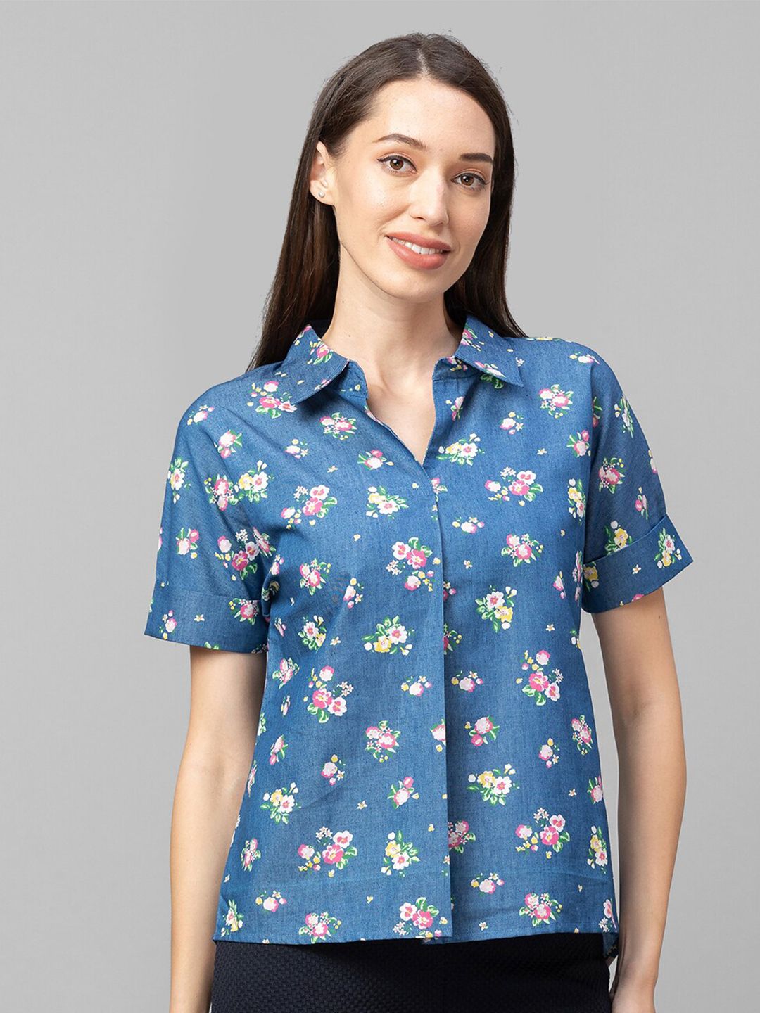 Globus Blue Floral Print Denim Shirt Style Top Price in India