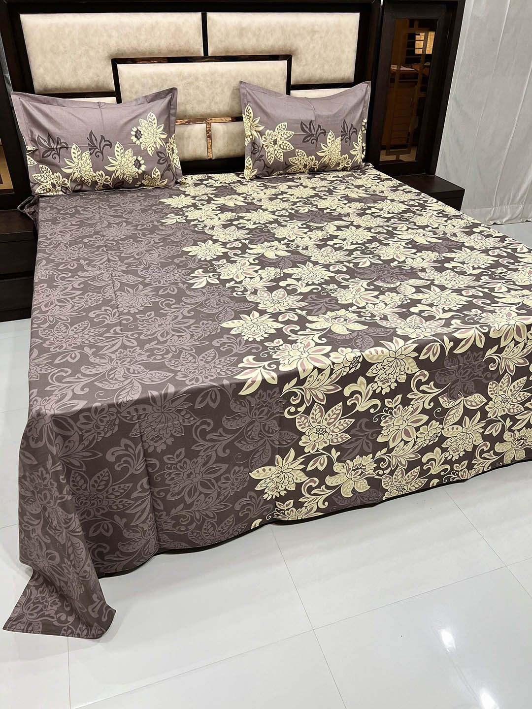 Pure Decor Purple & Yellow Floral 400 TC King Bedsheet with 2 Pillow Covers Price in India