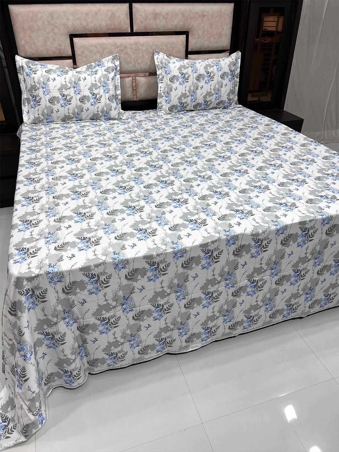 Pure Decor White & Blue Floral King Bedsheet with 2 Pillow Covers Price in India